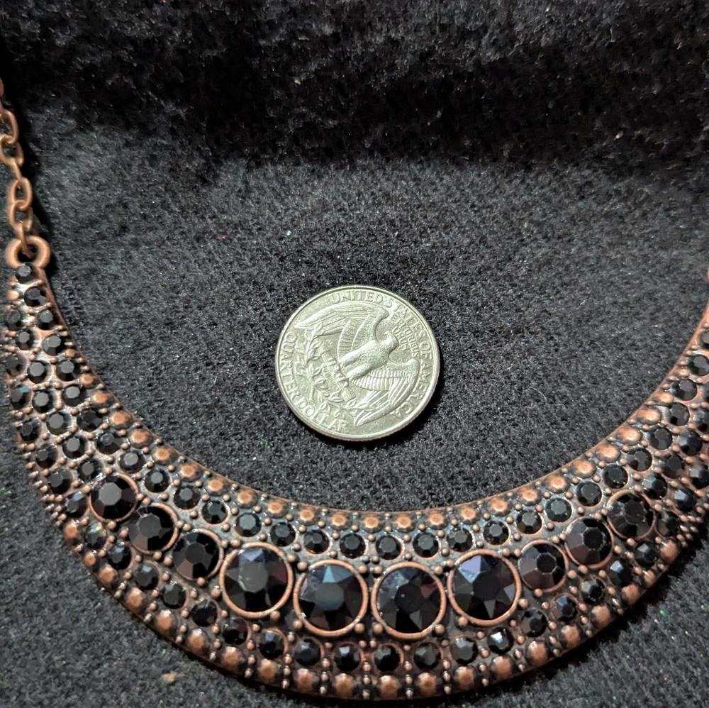 Copper Tone Black Rhinestone Curved Bar Bib Style Statement Necklace - Picture 4 of 4